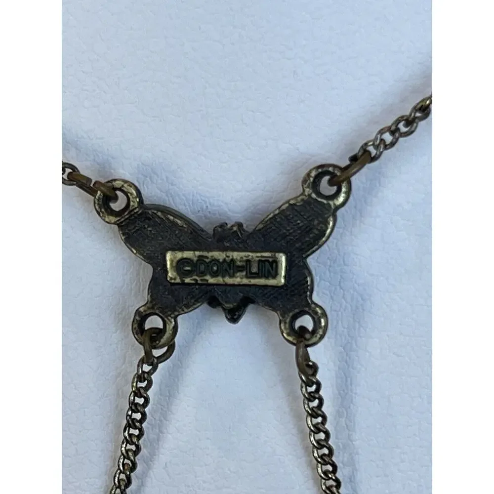 DON LIN Signed Enamel Butterfly Rhinestone Festoon Style Necklace Antiqued Bronz
